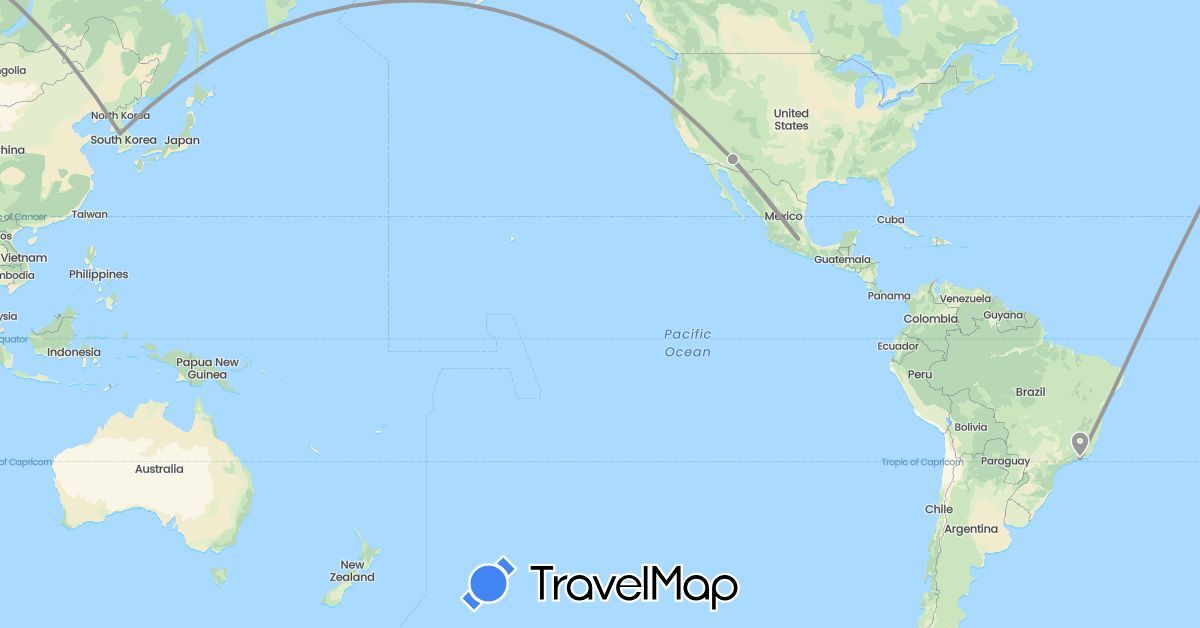 TravelMap itinerary: driving, plane in Brazil, South Korea, Mexico, United States (Asia, North America, South America)
